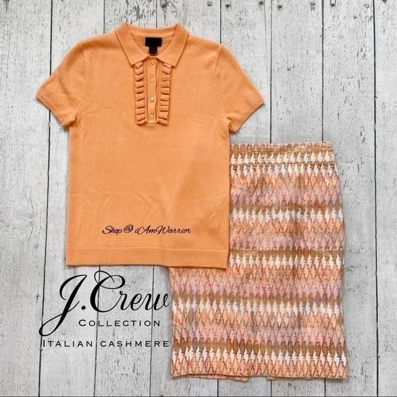 J.Crew Collection peach sorbet cashmere ruffle polo sweater *shop@iamwarrior